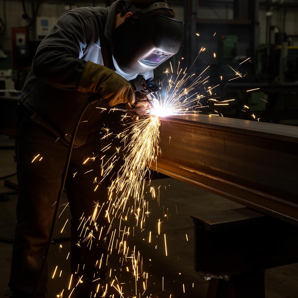 Flux core welding with bright sparks on steel beam