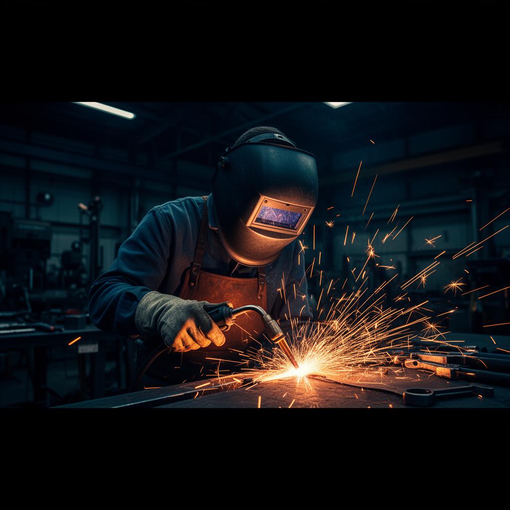 Welder working in an industrial workshop with bright sparks