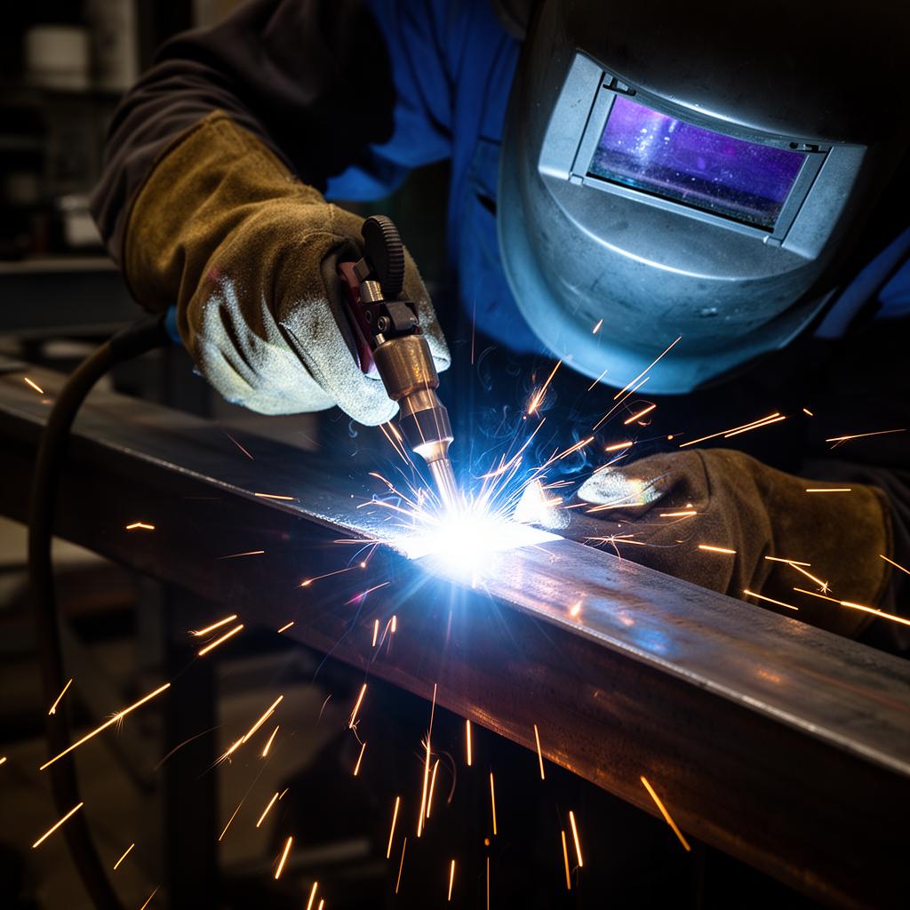 MIG welding process with blue arc and sparks